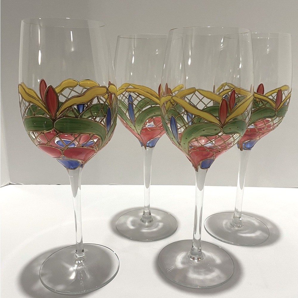 Orleans Romanian Crystal Wine Glasses Colorful Vibrant Hand-Painted Set of 4